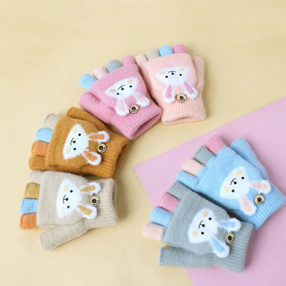 Cute Rabbit ears Children Half Finger Gloves Soft Warm Woolen Five Finger Gloves for Kids Knitted Mittens Warm Flip