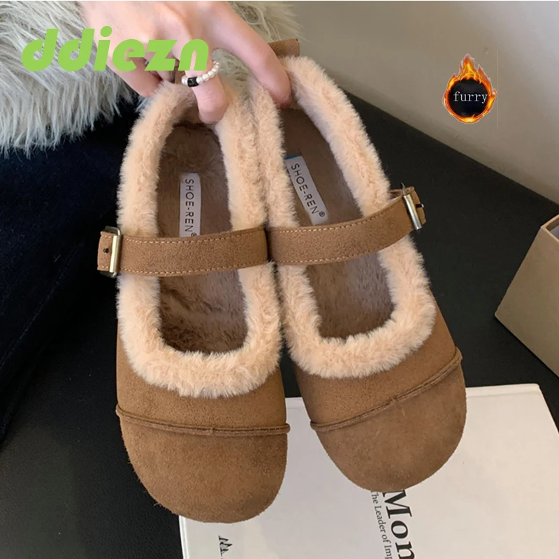 

Fashion Ladies Ballet Flats Shallow Shoes New Warm Fur Female Buckle Footwear Round Toe Shoes For Women Furry Mary Janes