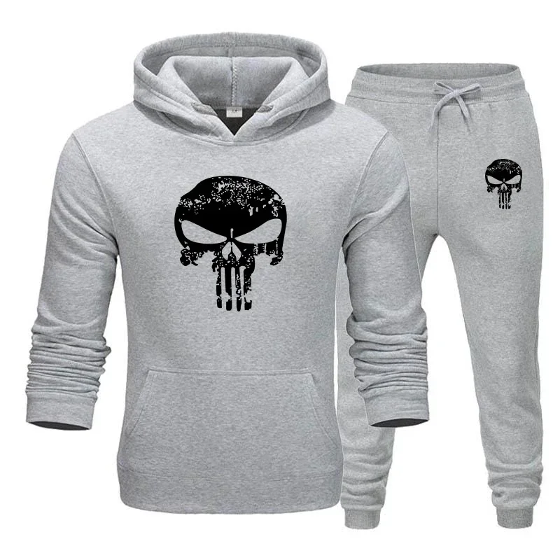 Spring and winter 2 piece sportswear hooded sweatshirt hoodie + stretch waist trousers men's sports hoodie Skull brand print