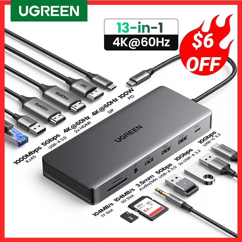 UGREEN USB C Rögzítés Megállóhely 13th ben 1 4K Hármas kijelző Viadal HDMI 10gbps USB C huby 100W Palládium SD/TF számára macbook Menő Szellőztet Dell XPS