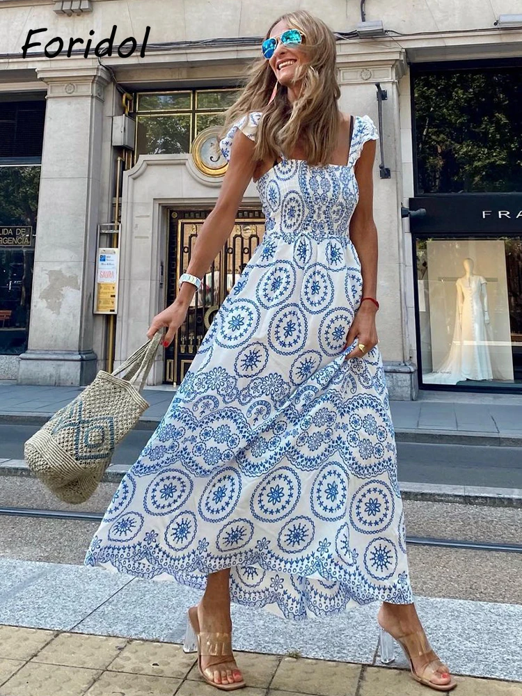 Robe de plage florale bleue pour femmes, robe d'été bohème, maxi longue, vêtements de mode éducatifs, vacances décontractées, robe d'été Boho
