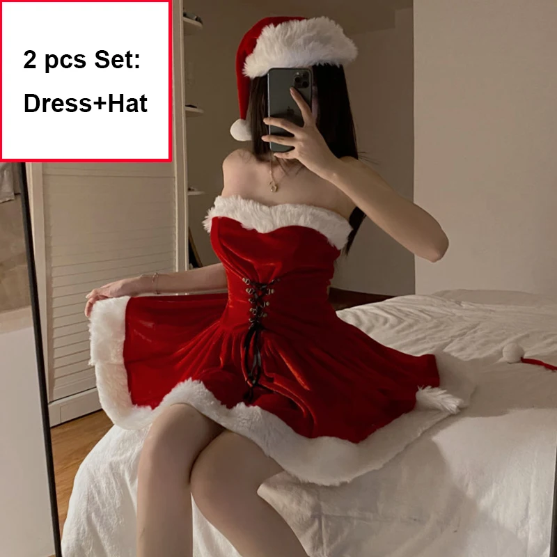 Autumn Winter Cute Christmas Red Shawl Dress Women Sweet Plush Sexy Santa Claus Cosplay Costume Mrs Claus Party Mini Dress Cloak