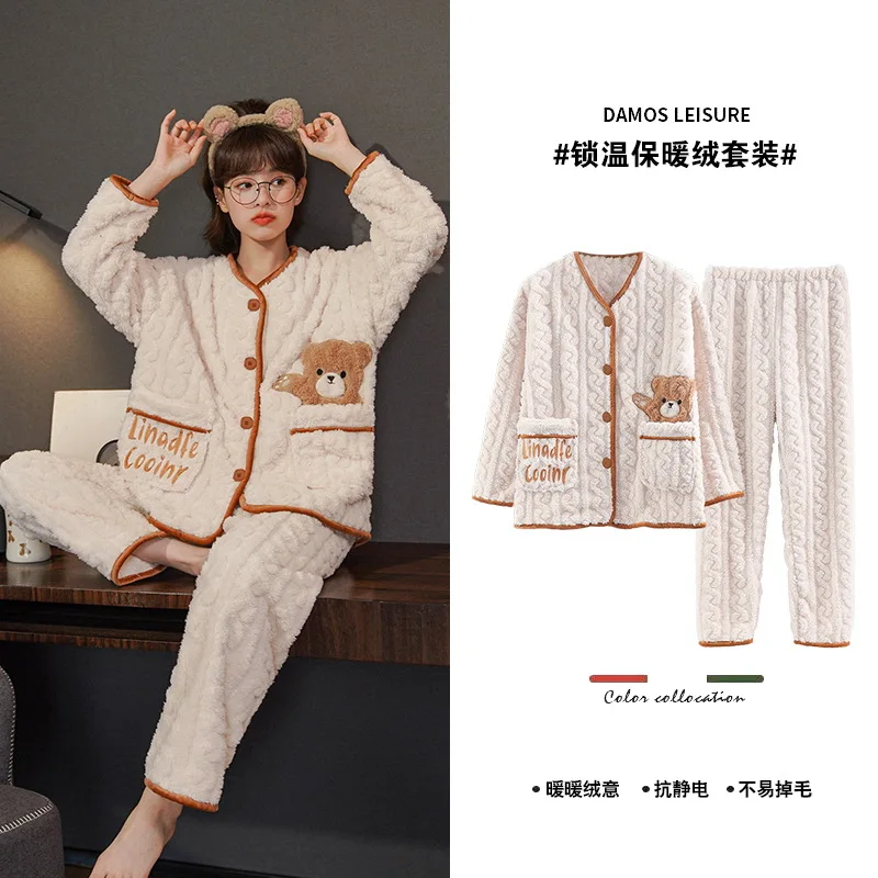 Korean Kawaii Kimono Woman Cardigan Pijamas Winter Thick Soft Thermal Flannel Pajamas for Woman Girl Sleepwear Pjs Mujer