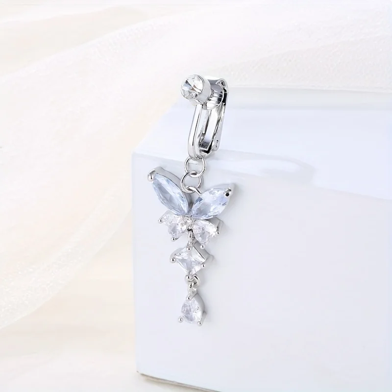 5 Stück Strass Herz Schmetterling baumeln nicht durchdringend Edelstahl Nabel Clips, gefälschte Bauchnabel Ringe, Nabel Schmuck für Männer – Detail 7
