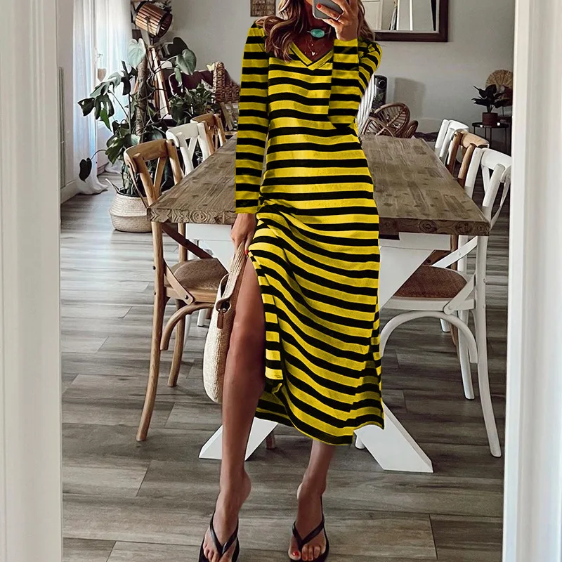 

Women's Sexy Split Party Dress, Long Sleeve, V-Neck, Slim Maxi Dress, Vintage Stripe Print, Autumn, Winter, New