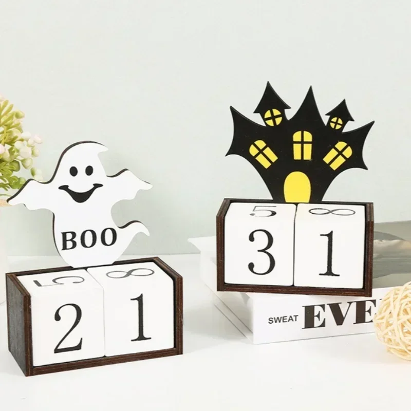 Creative Wooden Halloween Decorations Calendar Desktop Ornaments Countdown Ghost Pumpkin Castle Halloween Decoration Supplies
