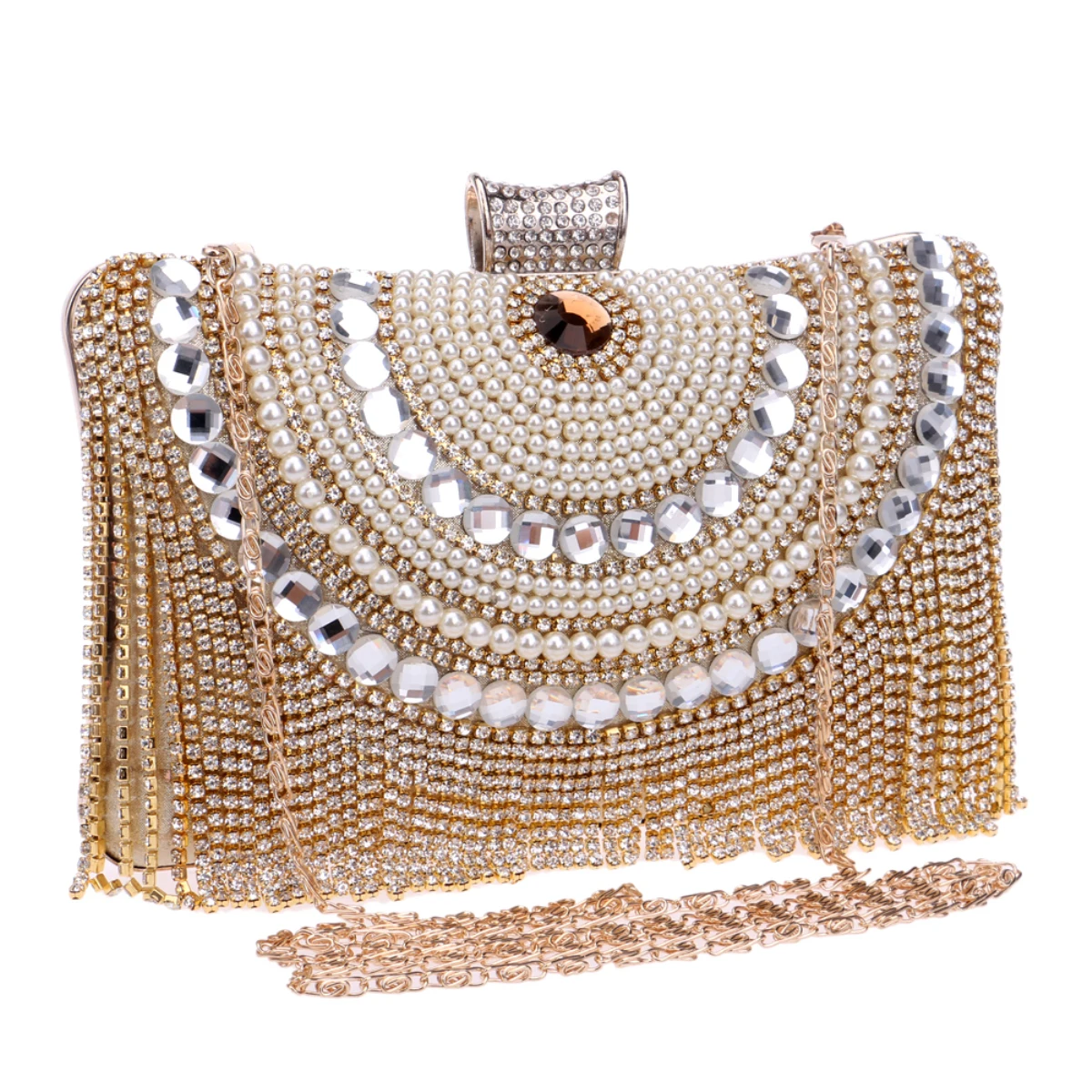 Metal Beaded Evening Clutch Bag with Rhinestones and Chain Strap
