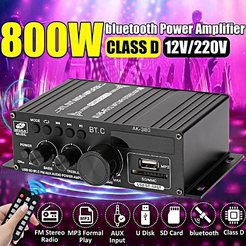 AK380/AK370/AK170 800W Bluetooth Amplifier Audio Karaoke Home Theater Amplifier 2 Channel Power Class D Amplifier USB SD AUX sub amp Audio Amplifier Boards