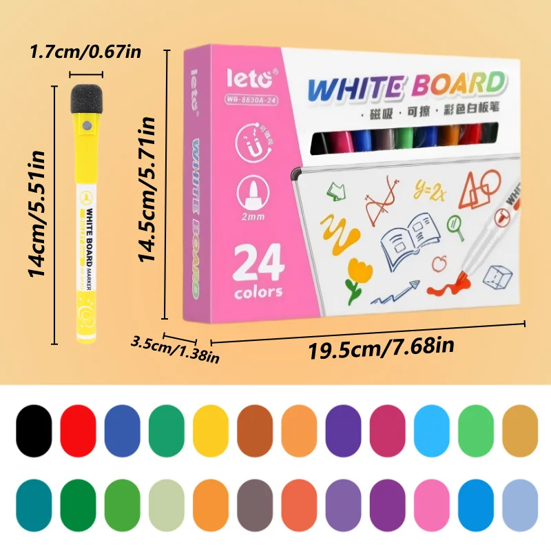 24COLORS 자석식 건식 지우개 마커, 지우개 포함, 속건성 잉크, 쉽게 쓰고 지울 수 있음, 사무용품, 학용품