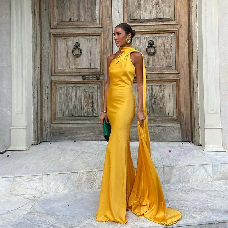 Women Satin Ribbon Halter Party Evening Dress Women Elegant Backless Off Shoulder Sleeveless Long Dresses Fashion Lady Robes