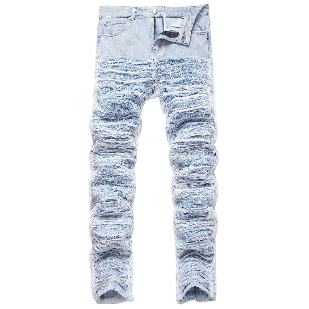 

Men Fringe Denim Jeans Light Blue Ripped Distressed Destroyed Pants Streetwear Patches Patchwork Loose Trousers