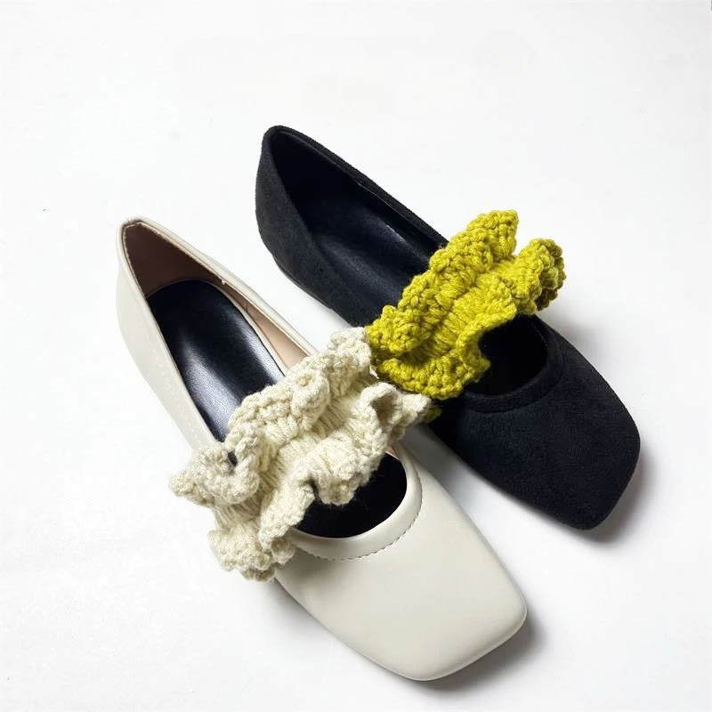 Knitted Elastic Band Mary Janes Shoes Women Square Toe Elegant Low Heels Pumps Spring Autumn PU Leather Ladies Shoes Loafers 5