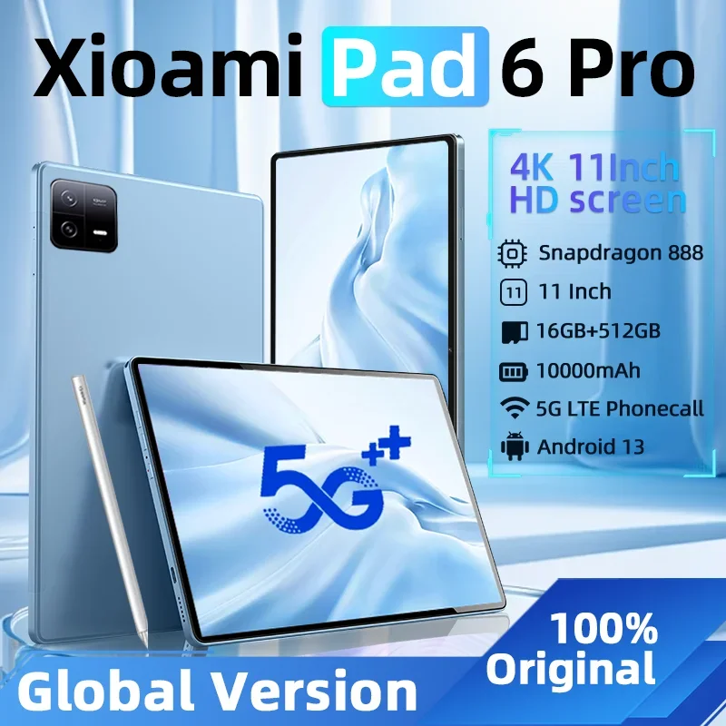 

2024 Original Global Version Pad 6 Pro Tablet Snapdragon 888 Android 13 HD 4K 16GB+1TB 5G Tablets PC Dual SIM Card WIFI Mi Tab
