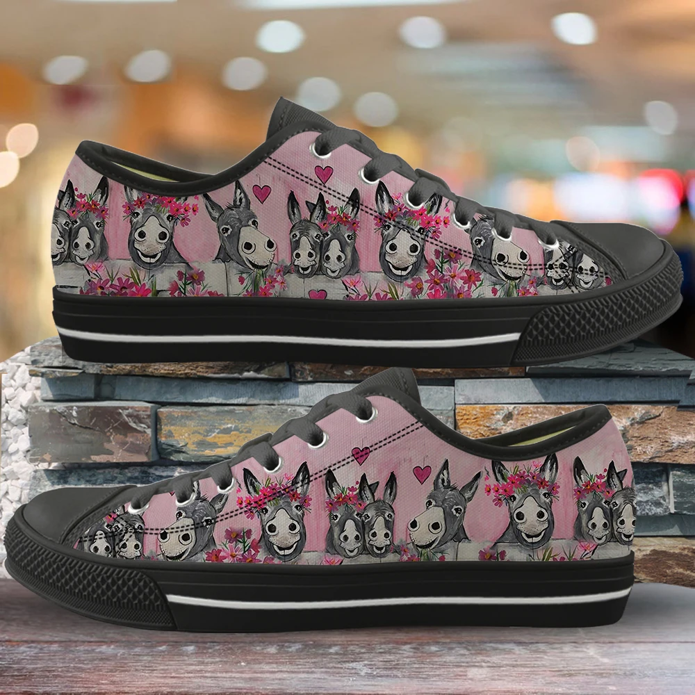 Woman Low Top Canvas Shoes Donkey Family 3D Cute Pattern Ladies Shoes Lace Up Sneakers