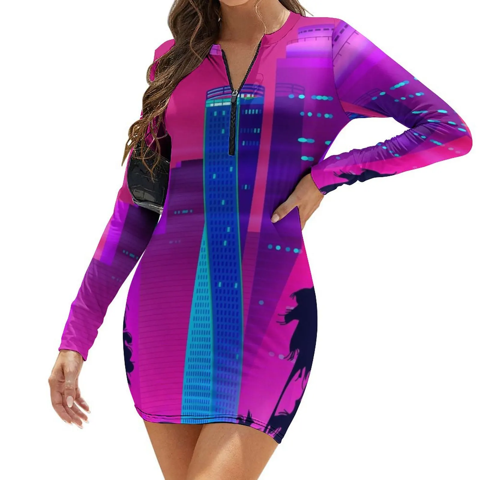

Synthwave Neon City: Miami Vice Long-Sleeve Bodycon Dress elegant dress Long dress