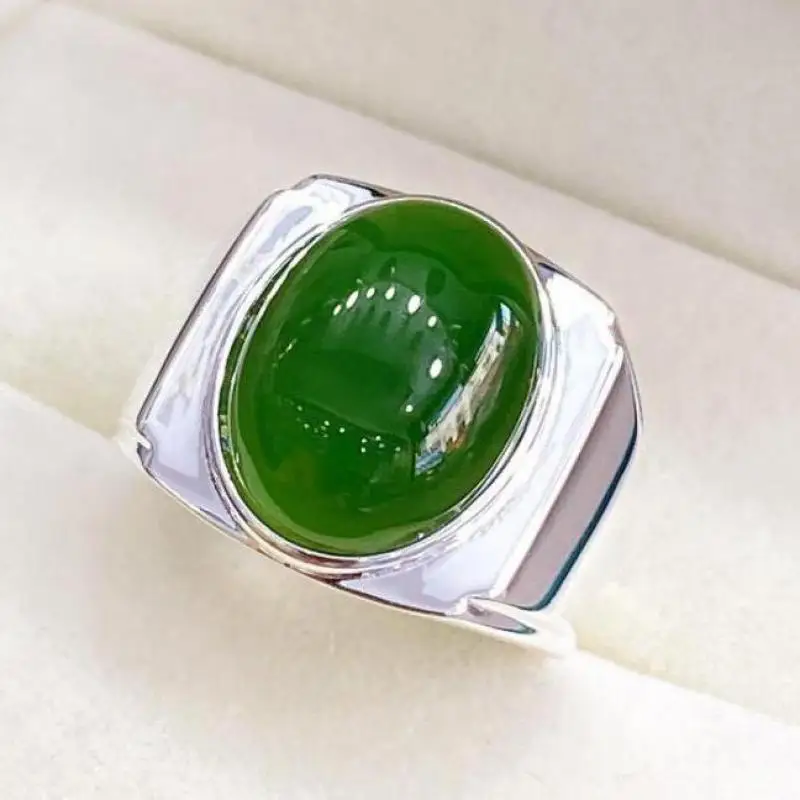 

Men Green Jade Ring S925 Sterling Silver Jewelry Genuine Chinese Nephrite Hetian Jades Silver Rings For Boyfriend Husband Gifts