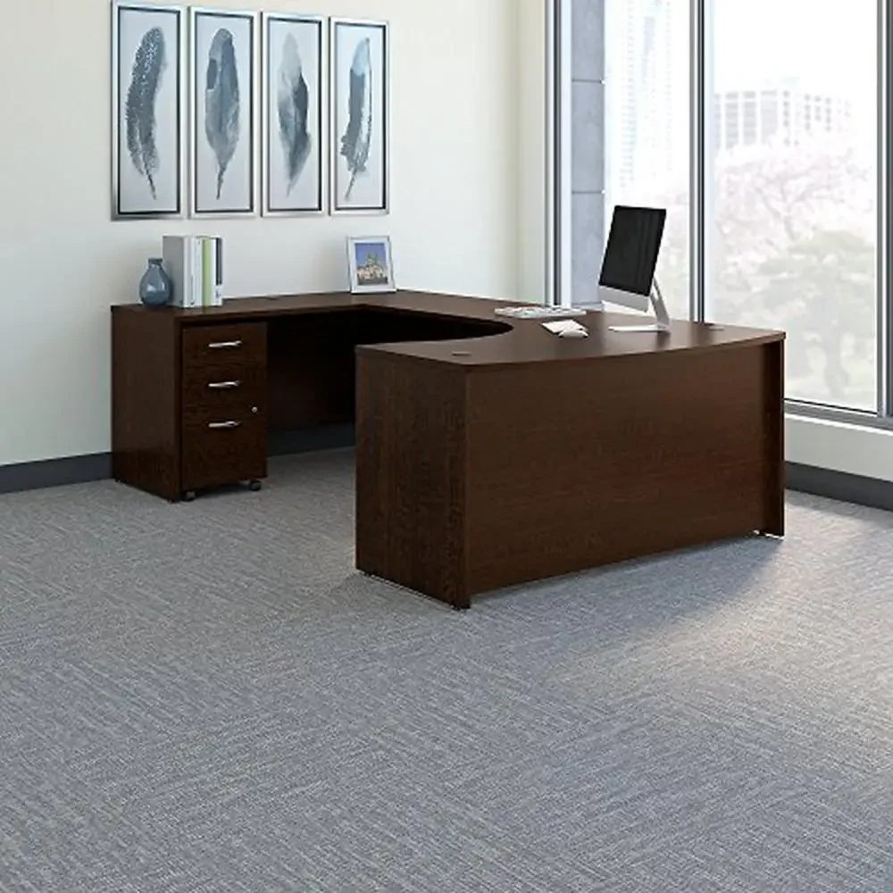 60"W Left-Handed U Shaped Desk Bundle with Mobile File Cabinet Scratch Resistant Spacious Workspace