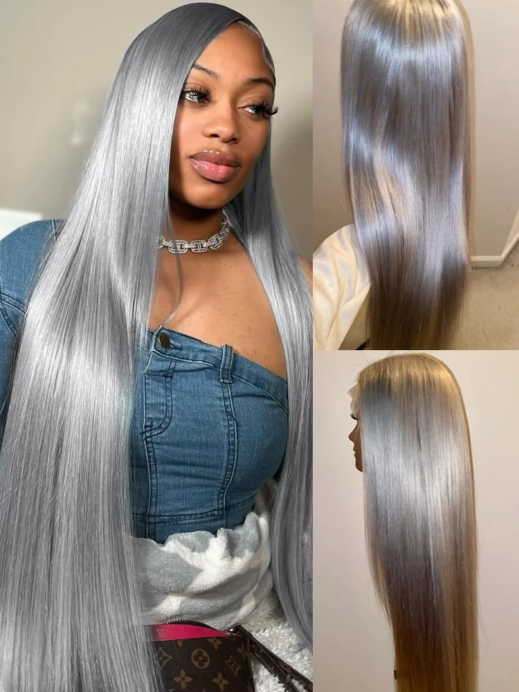 Perruques droites gris argentées cheveux humains vietnamiens 220% densité 13×6 HD dentelle frontale perruque colorée 38 pré plumé avec naissance des cheveux de bébé perruque vietnamienne haut qualité