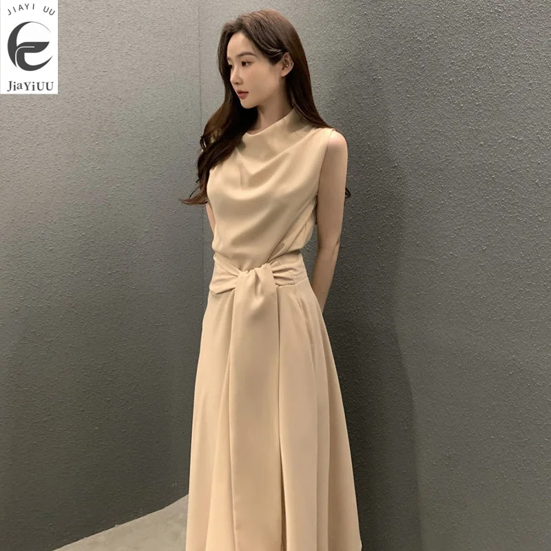 

Korean Chic Summer French Elegant Pile Neck Tie Up Waist Slim Sleeveless Tank Top Dress for Women