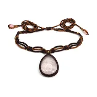 Rose Crystal Braided Stone Pendant Natural Pink Quartz Water Drop Handmade Thread Rope Wrapped Macrame Adjustable Chain Necklace 1