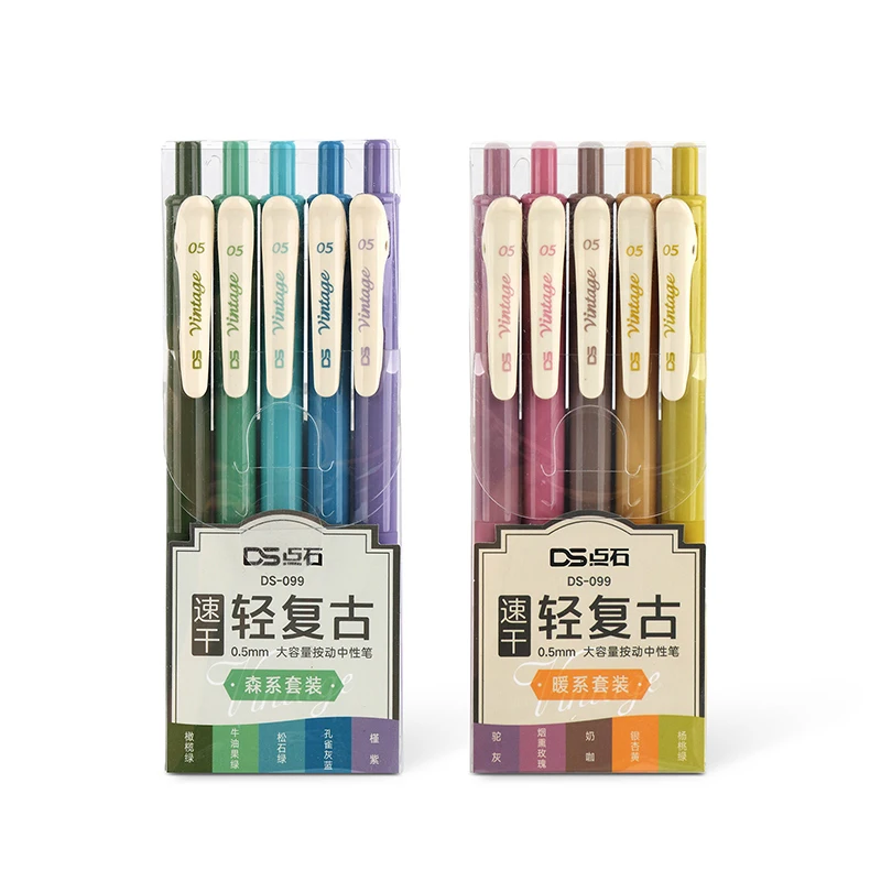 5-Pack Retractable Gel Pens Quick Dry Ink 0.5mm Vintage Pen for Planner Drawing School Office Stationery