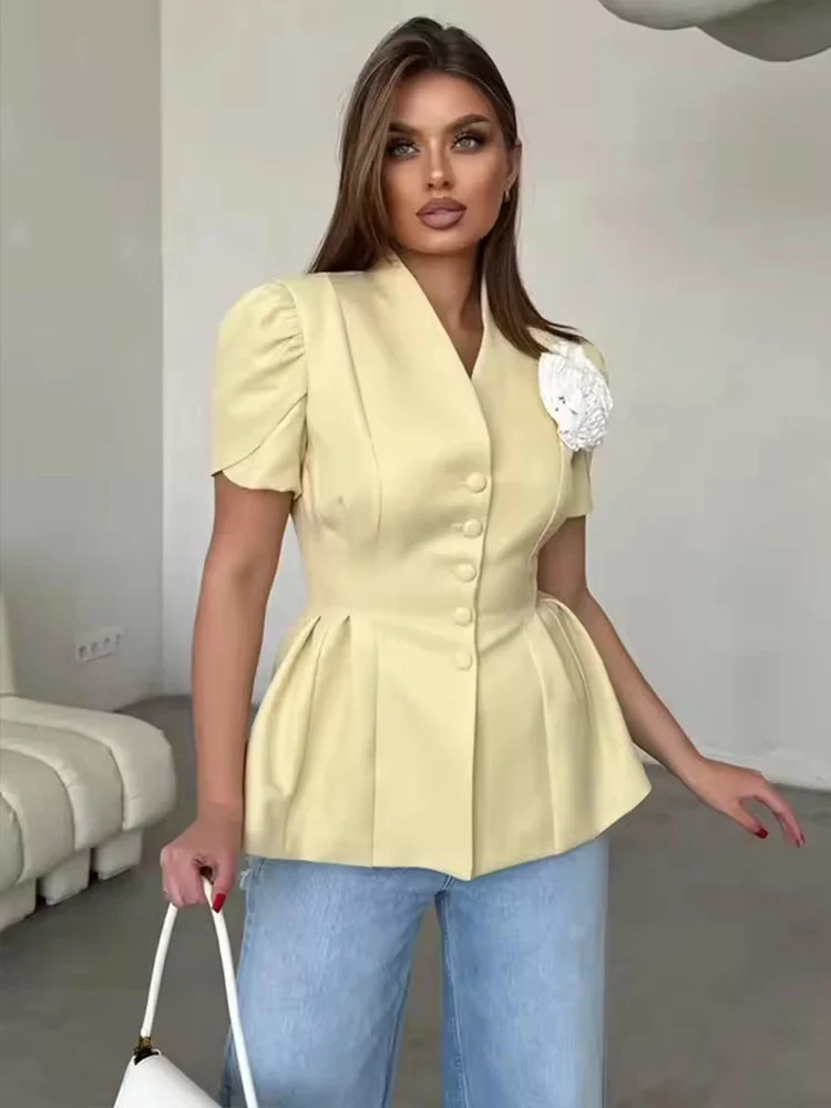 2025 Elegant Slim Ruffles 3D Flower Blazer Coat Women Summer Single Breasted Pleated Short Puff Sleeve Jacket Office