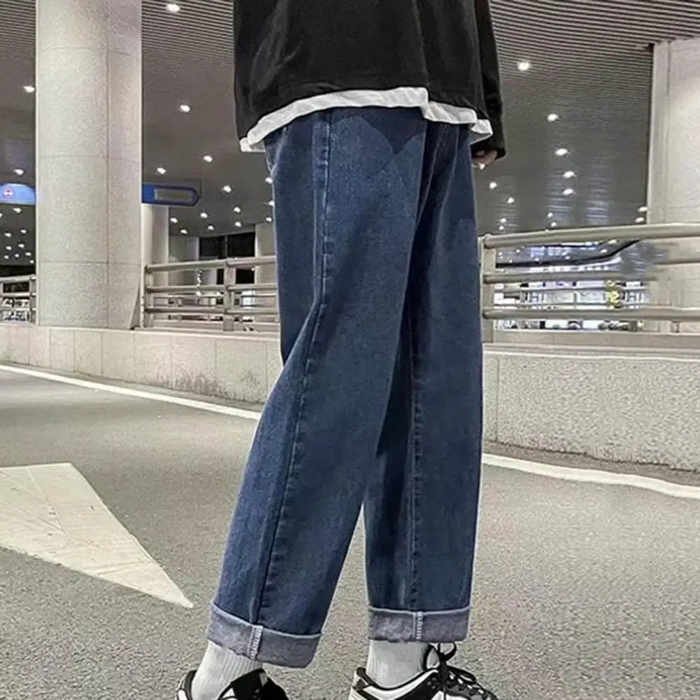 Men Jeans Retro Streetwear Men's Wide Leg Jeans with Button Zipper Closure Pockets Loose Fit Straight Leg Denim Pants for Men