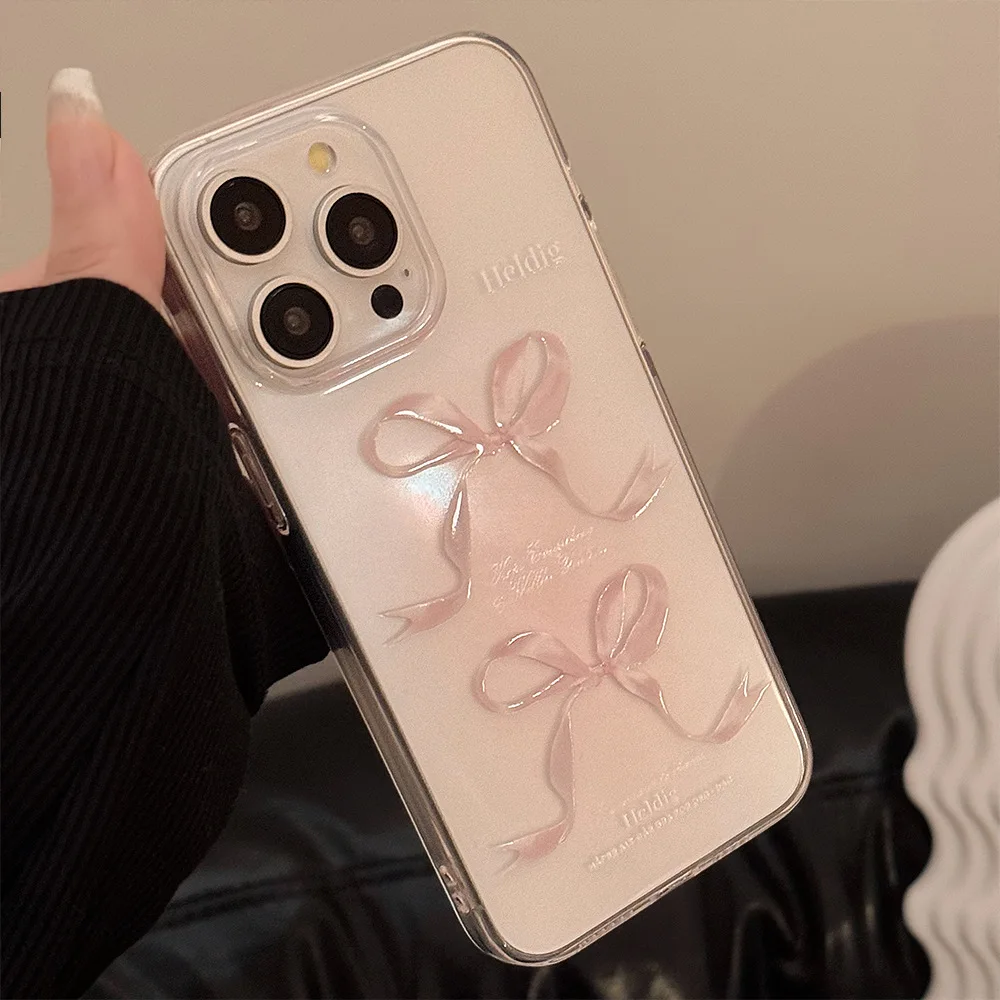 Cute Sweet Girl Pink Bow Phone Case For iPhone 16 15 14 13 12 11 Pro Max X XS XR 7 8 Plus Clear Soft Silicone Shockproof Cover