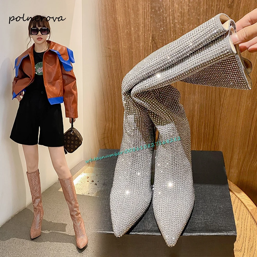 

Bling Crystal Knee High Boots Solid Pointy Toe Strange Style Boots Runway Banquet Shoes for Women Autumn Winter Luxury Fashion