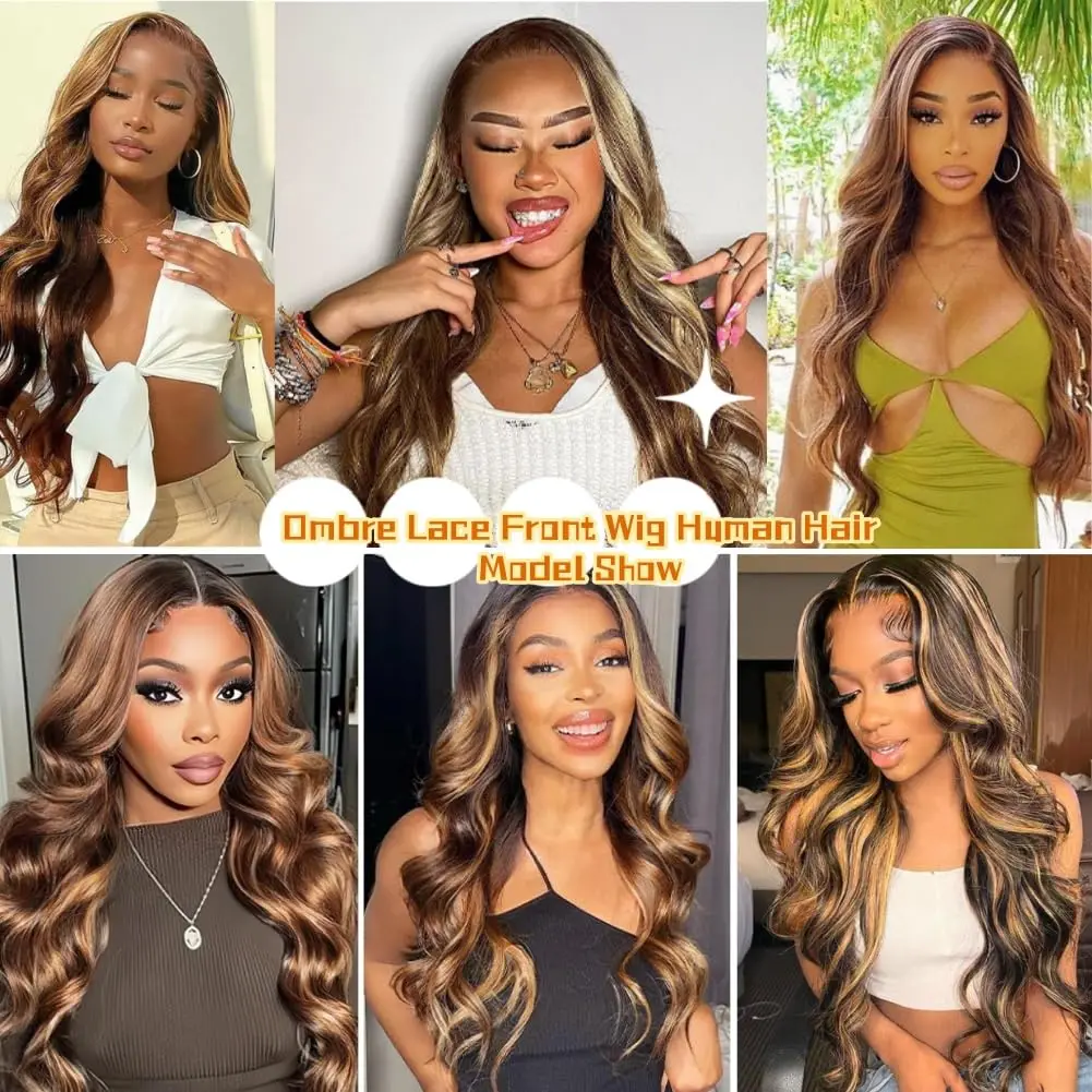 28 Inch Honey Blonde Ombre Lace Front Wig Human Hair Highlight Body Wave Lace Front Wigs Human Hair Pre Plucked 200% Density