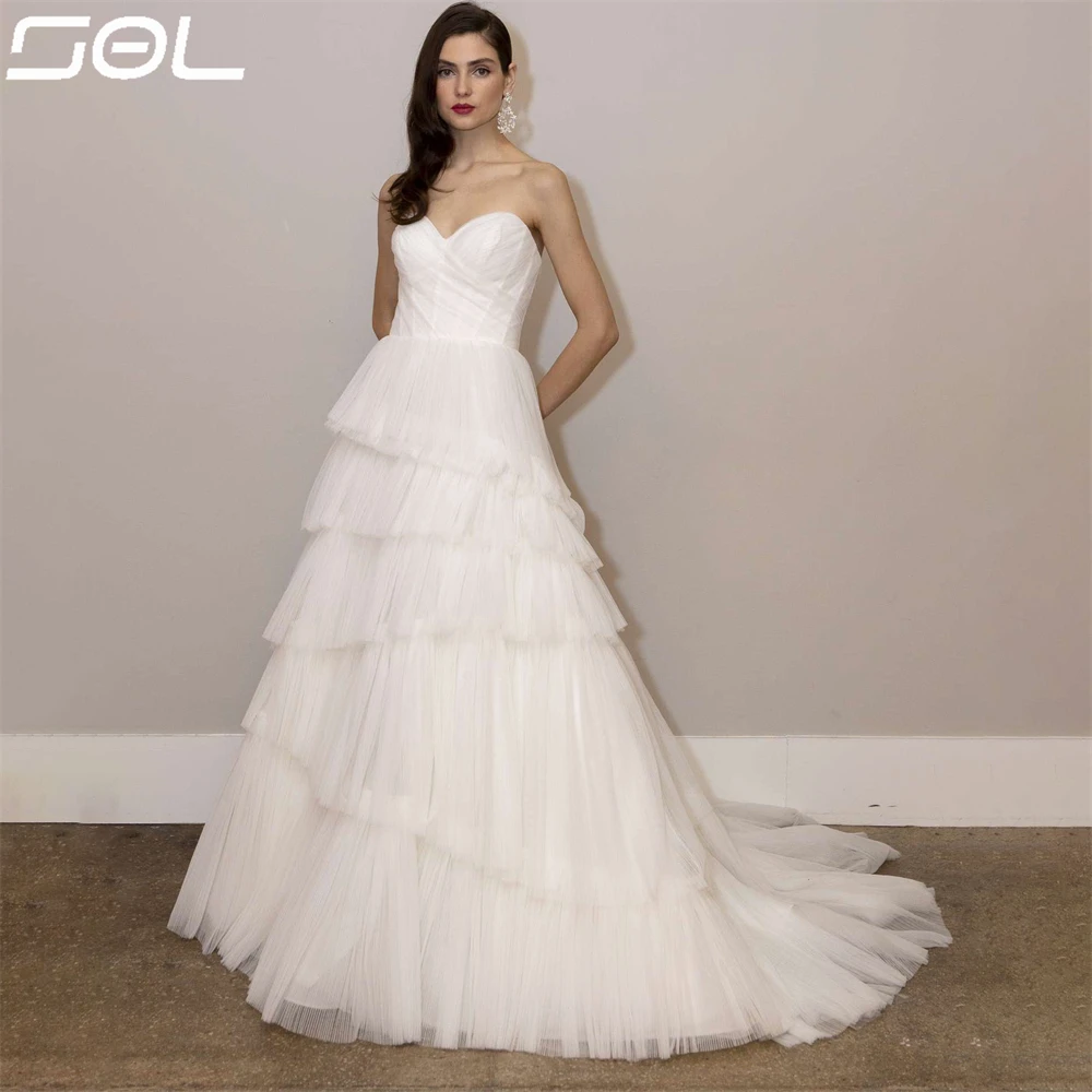 

Sol Simple Sweetheart Tiered A-Line Tulle Wedding Dress Sexy Backless Floor-Length Ball Gowns Sweep Train Vestido De Novia