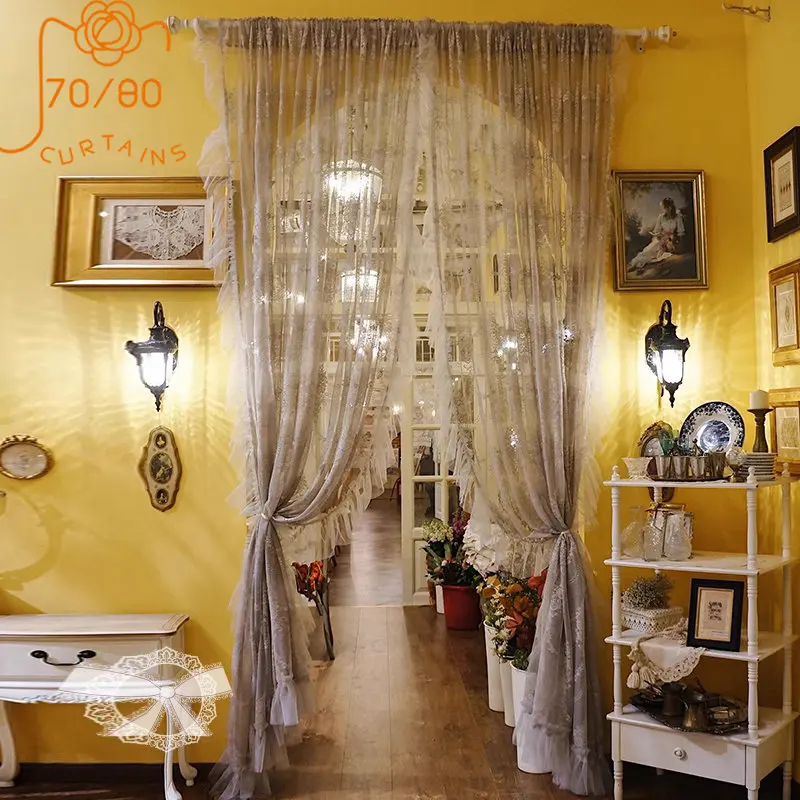 

Vintage Ruffles French Rococo Grey Pattern Lace Screen Curtains for Living Room Bedroom Balcony Kitchen Partition Curtain Villa