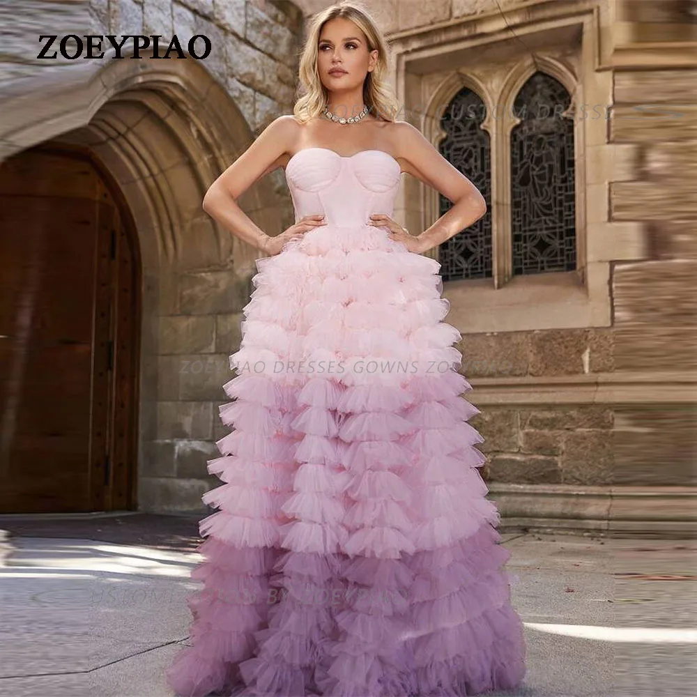 

Elegant Purple Tulle Tiered Sweetheart Prom Dresses Ball Gowns Pleated Evening Gowns Sleeveless Floor Length Dinner Party Dress