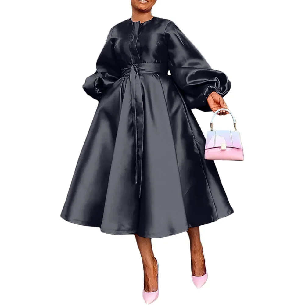 S-3XL African Party Evening Dresses for Women Elegant Autumn Long Lantern Sleeve O-neck Midi Dress Birthday Dress for Women