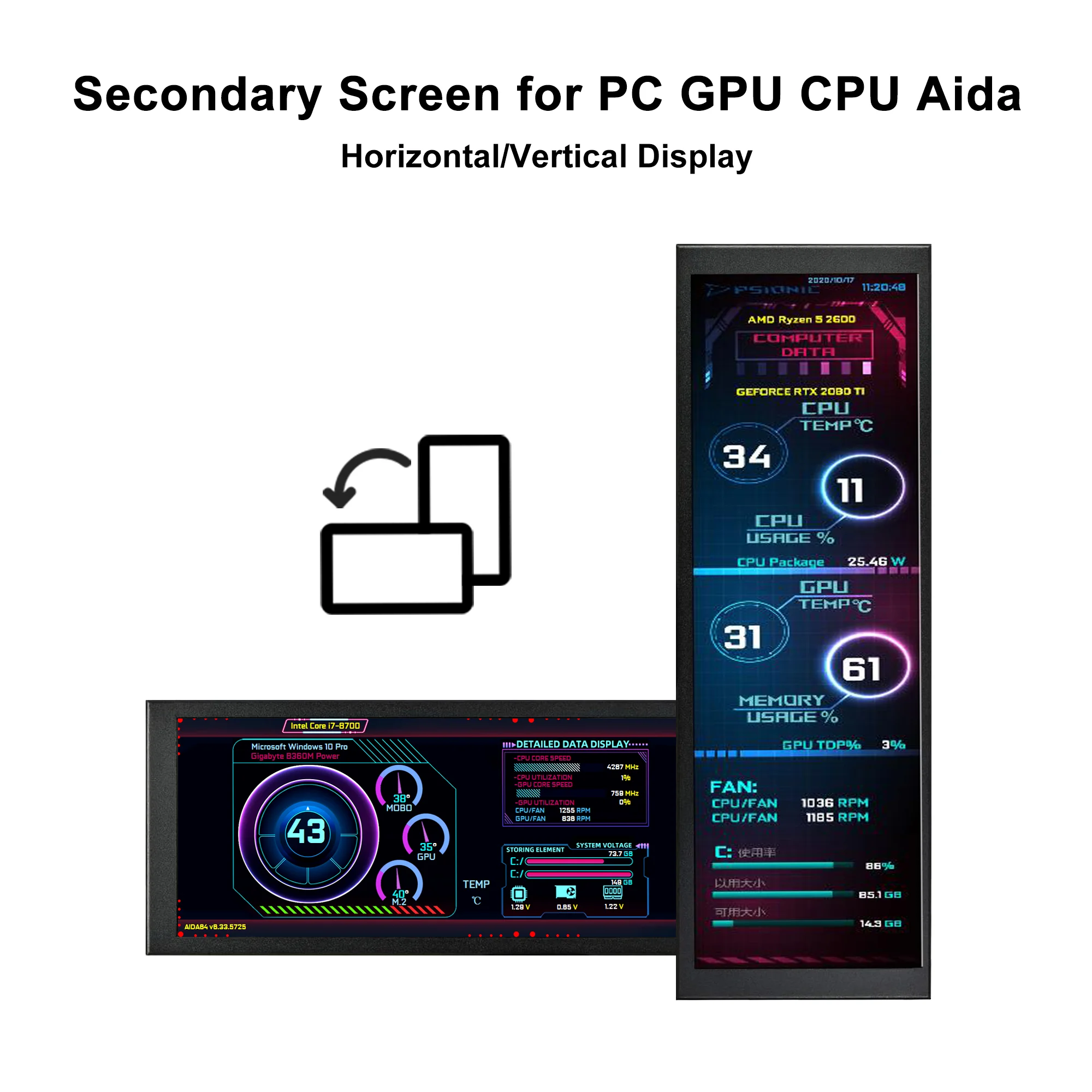 Wisecoco 7.84인치 미니 휴대용 LCD 모니터 CPU GPU 모니터링 IPS 보조 화면 디스플레이 (노트북 PC, 라즈베리 파이 4, Aida64 지원)