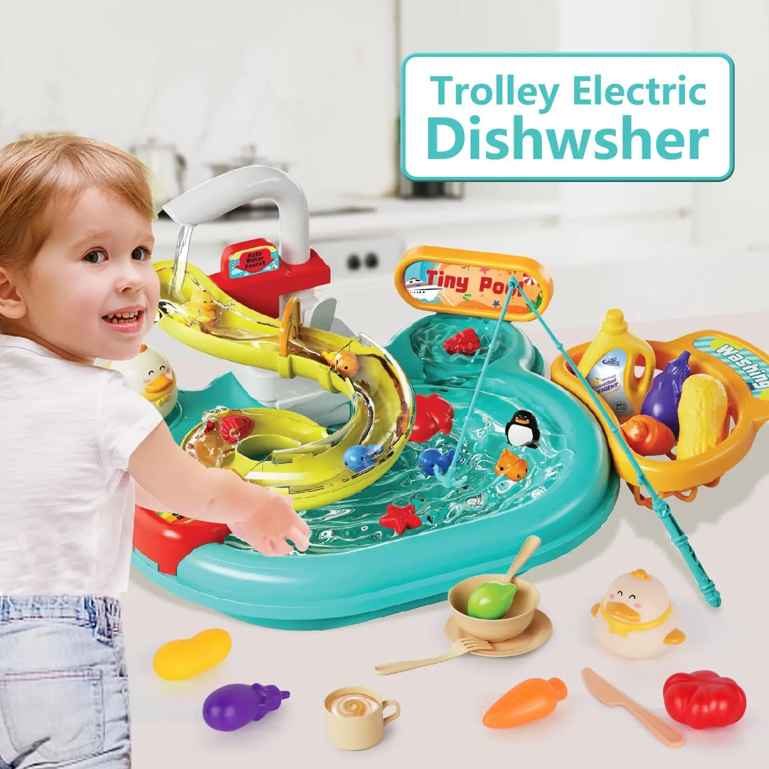 Play Sink with Running Water,3in1 Toddler Kitchen Toys,Water Table,Fishing Set,Track,Pretend Play Kitchen Cleaning Set Water Toy