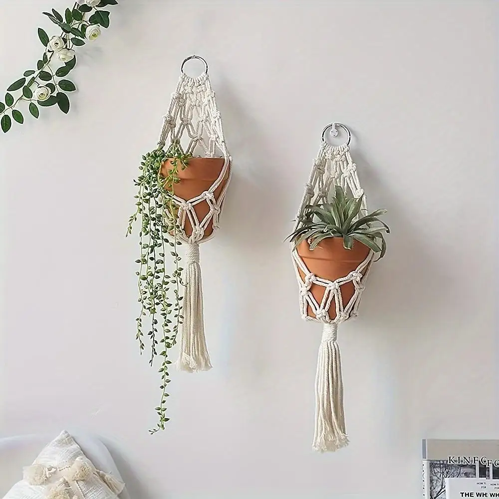 Boho Chic Handcrafted Macrame Plant Hangers - Set of 2 Rope Baskets for Indoor & Outdoor Decor, Geometric Wall Art