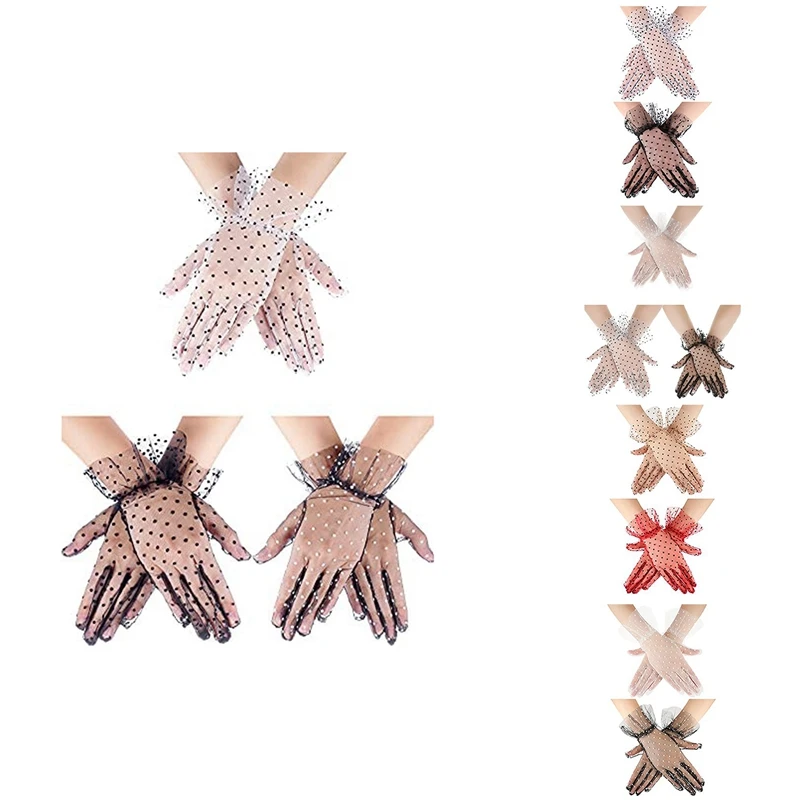 

NEW-Polka Dot Lace Gloves Short Elegant For Women Ladies Wedding Halloween Party Costume Favors