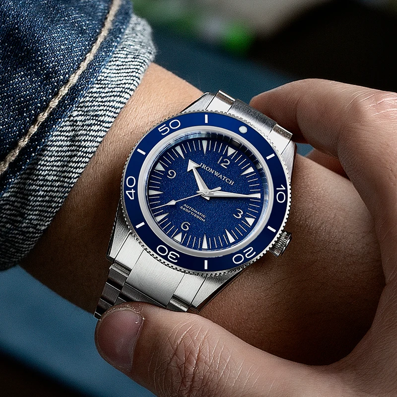 Orologio Da Uomo Automatico 20Bar Impermeabile Luminoso Zaffiro Quadrante Sandwich Business Casual Vintage Style Blue Dive Watch Ironwatch
