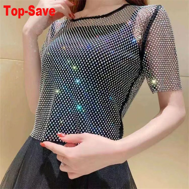 Oberbekleidung Damen T-Shirt 2026 Sommer Neue Damen Temperament Strass Rundhals Helles Sternenlicht Hohl Glänzendes Bodenbildungshemd