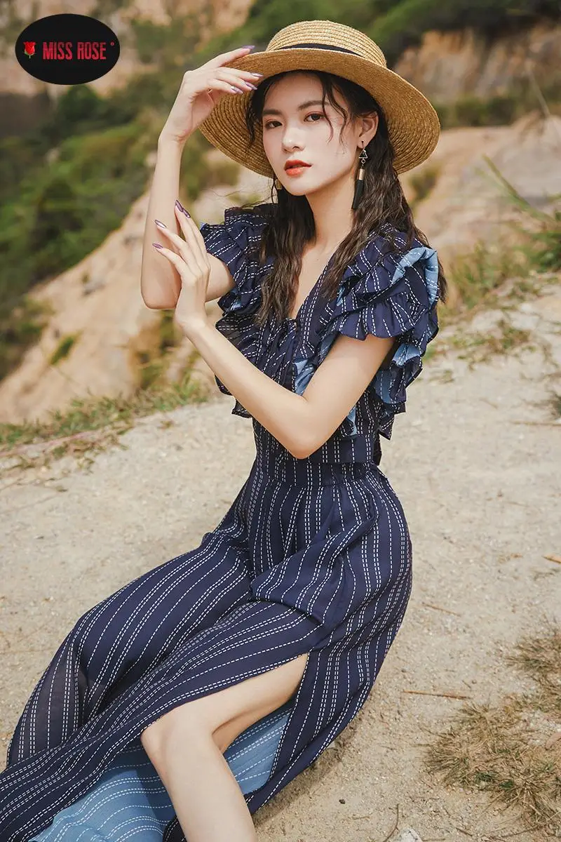 

Женский богемный пижамный комплект из 2 предметов Топ рубашка с широкими штанинами шифоновые полосатые пляжные праздничные дизайнерские костюмы в Корейском стиле