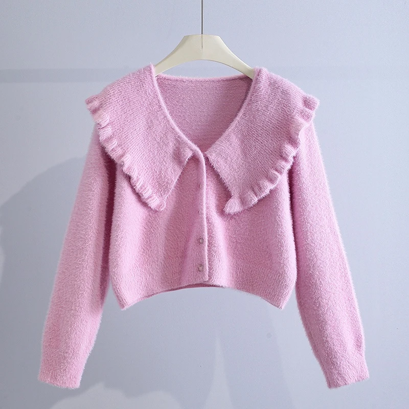 

Short Empired Knitted Women Sweater Cardigan Autumn Solid Turn-Down Collar Long-Sleeved Elegant Female Outwear Coats Tops