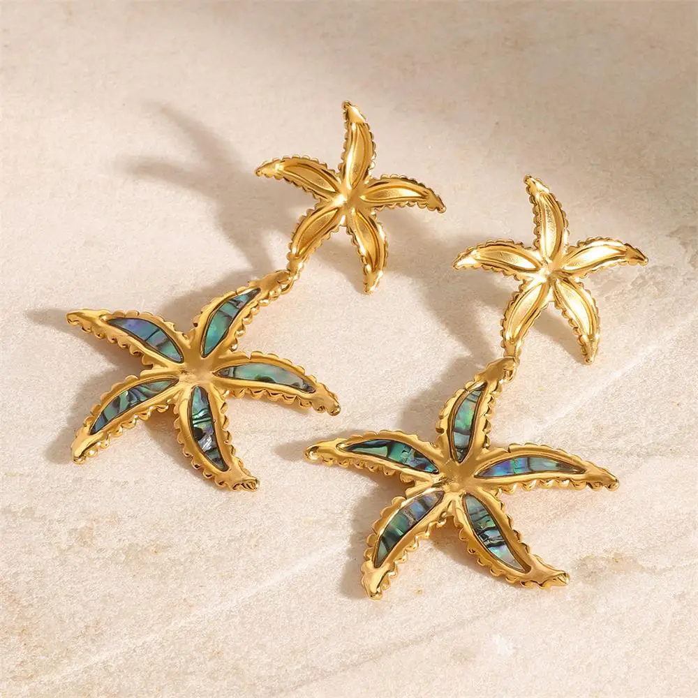 Double Starfish Dangle Earrings Abalone 18K Gold Plated Ocean-Inspired Beach Wedding Earring Femal Trend Jewelry Gift for Her