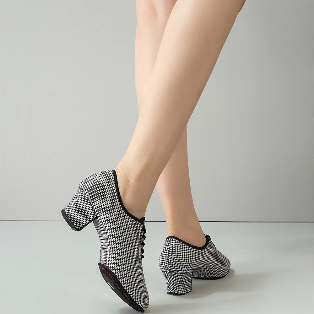 Women  Latin Ballroom Dance Shoes Medium High Heel Soft Sole Breathable Oxford Cloth Houndstooth Dance Shoes 3