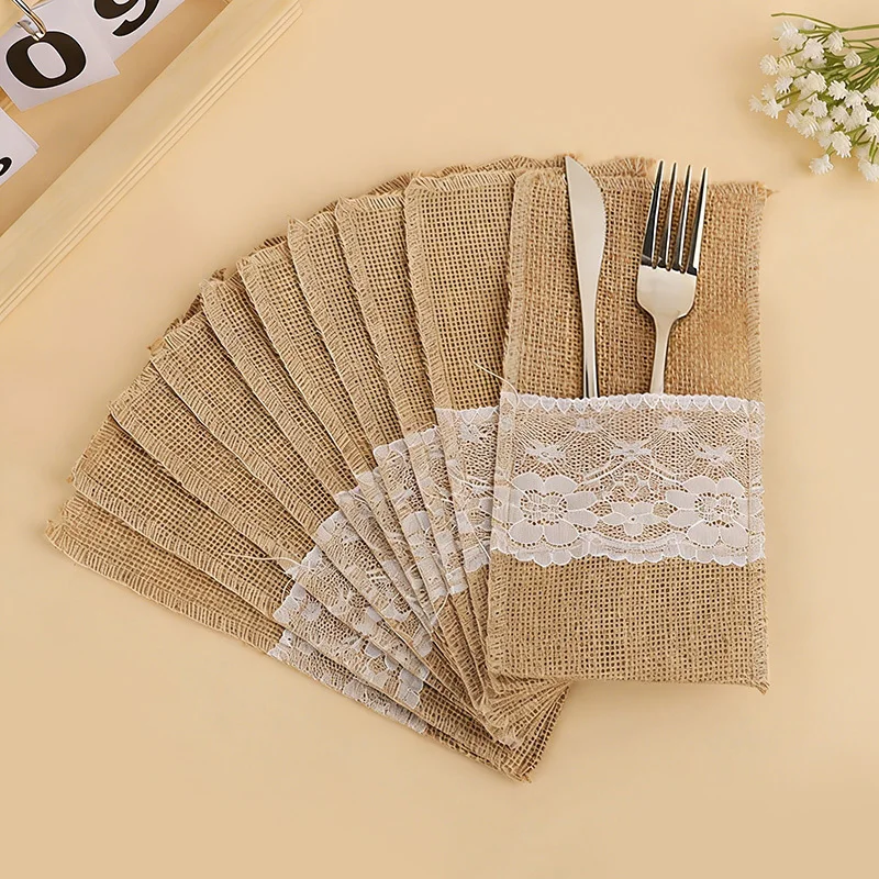 10/20/30 Stück Besteckhalter aus Sackleinen und Spitze, rustikale Jute-Bestecktaschen für Hochzeit, Geburtstag, Party, Bauernhaus, Esstisch-Dekoration – Detail 12