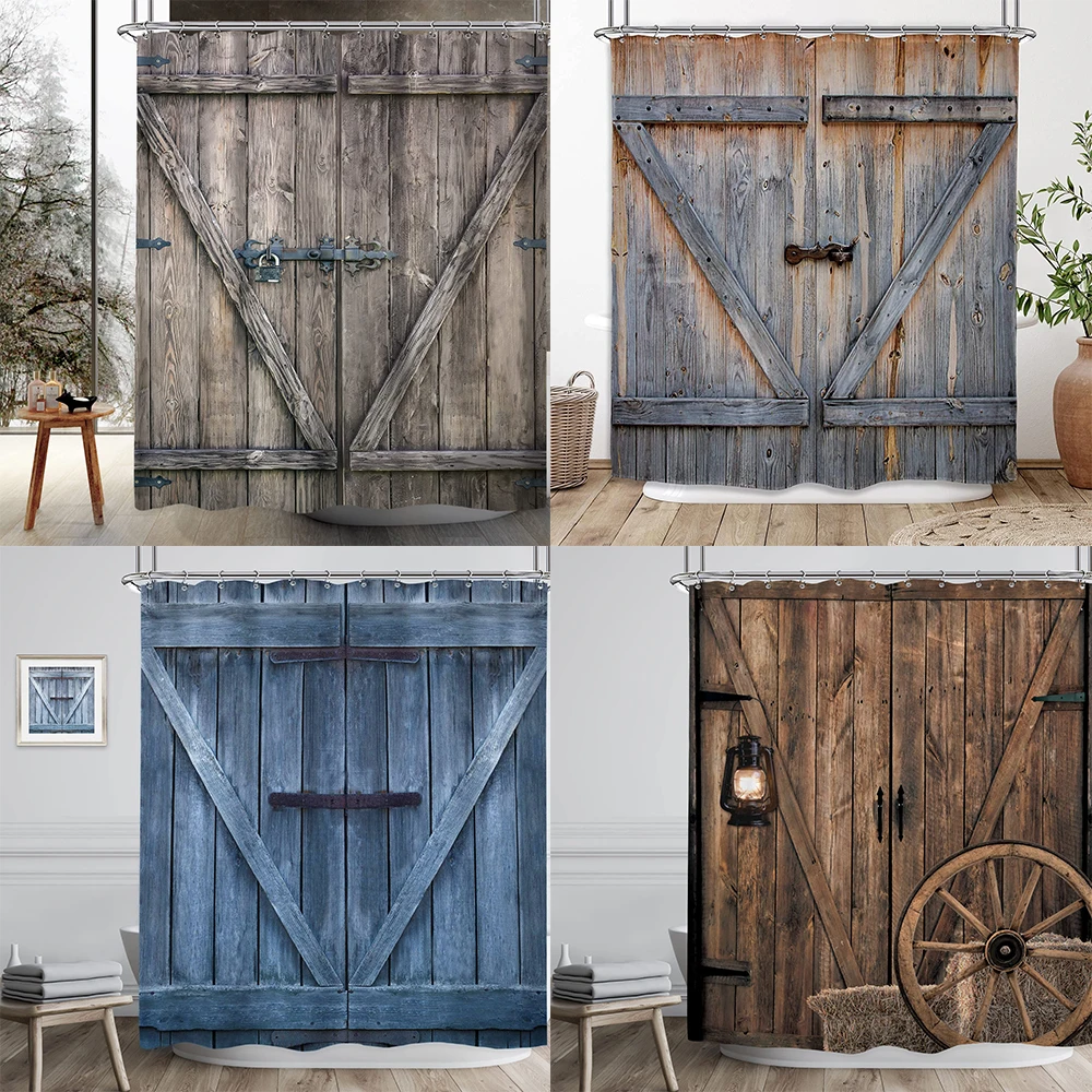 Vintage Country Barn Door Bathroom Curtain Western Farm Oil Lamp Wheel Rural Plank Shower Curtain Bathroom Decoration With Hooks