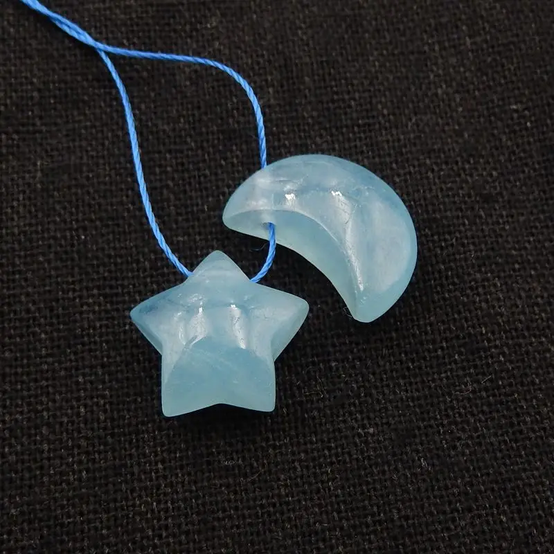 2Pcs Natural Stone Precious Blue Aquamarine Fashion Jewelry Star Moon Necklace Accessories Pendant Beads 16x11x7mm 3g