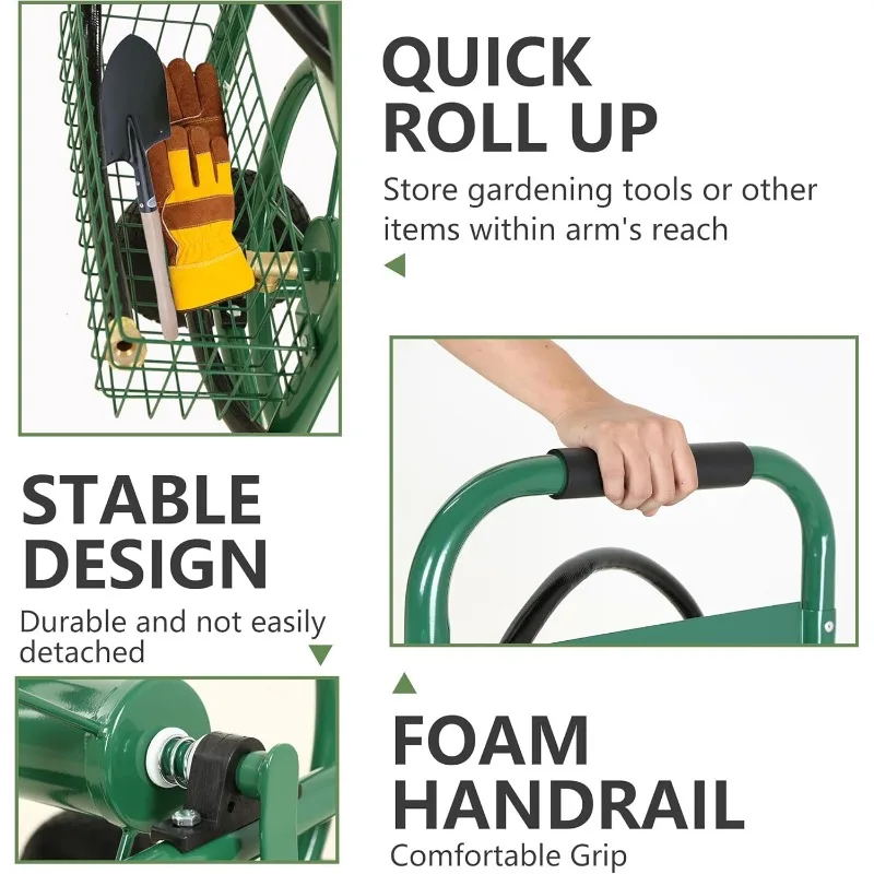 Hose Reel Hold Up To 300 Ft Heavy Duty Garden Hose Reel Sturdy Water Hose Reel Cart 4 Wheels Storage Basket Garden Lawn Yard 4
