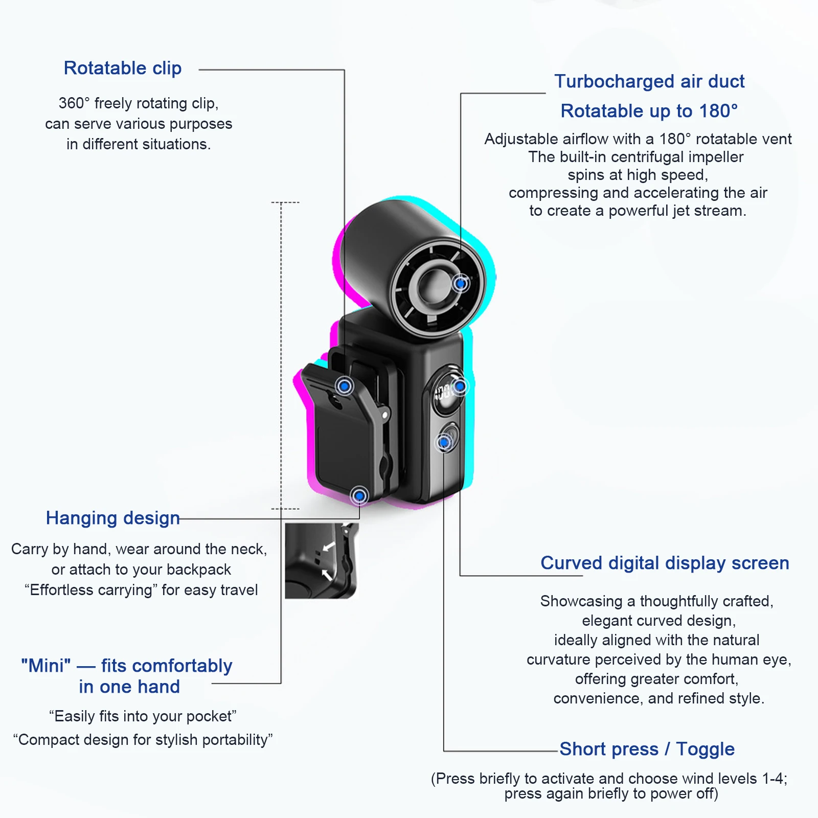 LED 디스플레이가 있는 USB 충전식 냉각 팬, 휴대용 클립형 미니 팬, 여행, 야외 캠핑, 해변, 메이크업용 3000mAh 배터리