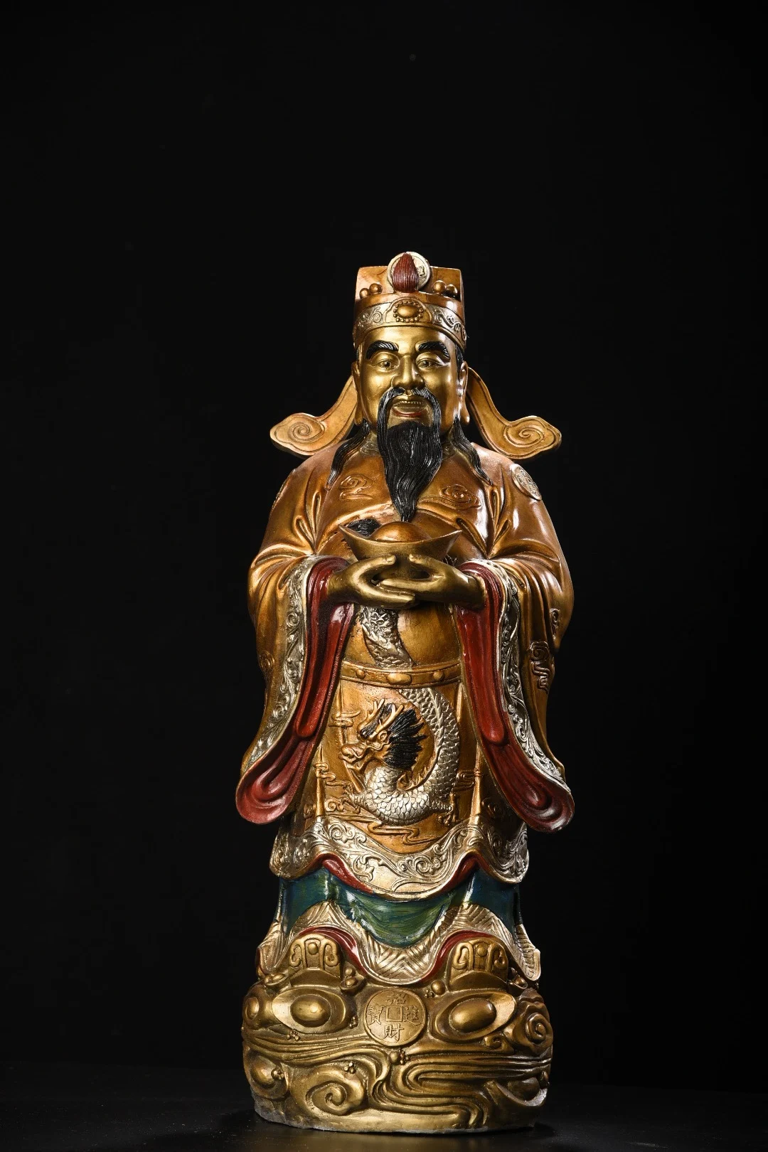 

24"Tibetan Temple Collection Old Bronze Painted Gilded Yuanbao Coins Dragon texture God of Wealth Amass wealth Worship hall